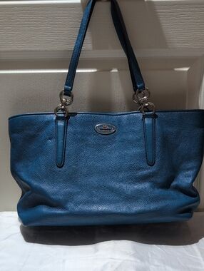 Coach Teal Blue Pebbled Leather Tote with Silver Hardware